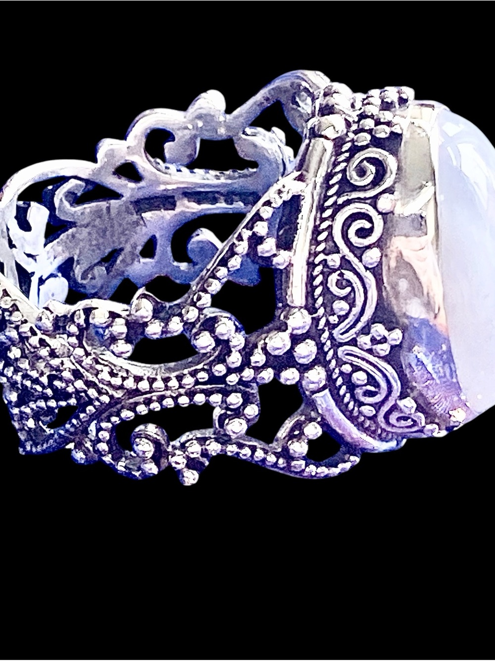 Ornate Silver Filigree Ring with Lace Agate Stone
